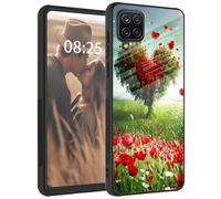 for Samsung Galaxy A12 Phone Case,Tempered Glass Back+Soft Silicone TPU Shockproof Anti-Scratch Protective Phone Case for Samsung A12,Love Heart Trees Flowers