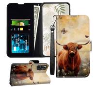 for Samsung Galaxy A13 5G/A04S Wallet Case with RFID Blocking Card Slot, Leather Cover for Galaxy A13 5G with Wristlet Strap, Kickstand Phone Case for Samsung A04S, Highland Cow Butterflies