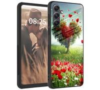 for Samsung Galaxy A15-5G Phone Case, Tempered Glass Back + Soft Silicone TPU Shockproof Anti-Scratch Protective Phone Case for Samsung A15 5G,Love Heart Trees Flowers