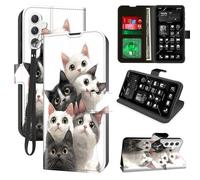 for Samsung Galaxy A15 5G Wallet Phone Case with RFID Blocking, 4 Card Holders, Kickstand, Wrist Strap - Magnetic PU Leather Flip Protective Cover Case for Samsung A15, Six Cute Cats
