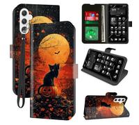 for Samsung Galaxy A16 5G/4G Wallet Phone Case with RFID Blocking, 4 Card Holders, Kickstand, Wrist Strap - Magnetic Leather Flip Protective Cover Case for Galaxy A16, Halloween,Lonely Black Cat