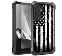 for Samsung Galaxy A17/A26 5G Case with Tempered Glass Screen Protector,Dual Layer TPU Soft Silicone Shockproof Protective Cover,Black White USA Flag Design