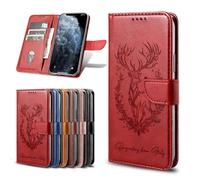 for Samsung Galaxy A21S Case, Embossed Lucky Deer PU Leather Flip Notebook Wallet Phone Cases Folio Magnetic Protective Cover with Stand Card Holder Slots for Samsung Galaxy A21S red