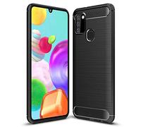 For Samsung Galaxy A21s Case, [Slim Fit] Shockproof Brushed Carbon Fibre [Protective Case] Cover, Gel Rubber Phone Case With [Screen Protector] For Samsung Galaxy A21s (SM-A217F) (6.5") - Black