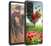 for Samsung Galaxy a33 5G Case,Tempered Glass Back+Soft Silicone TPU Shockproof Anti-Scratch Protective Phone Case for Samsung a33 5G,Love Heart Trees Flowers
