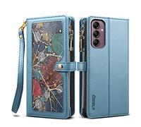 For Samsung Galaxy A34 5G Zipper Case RFID Blocking 11 Card Slots with Strap Shockproof Leather Flip Wallet Handbag Zip Pocket Phone Cover Stand Magnetic Shell |Leaf Vein| for Samsung M14 Blue