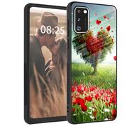 for Samsung Galaxy A41 4G case,Tempered Glass Back+Soft Silicone TPU Shockproof Anti-Scratch Protective Phone Case for Samsung A41 6.1 Inch,Love Heart Trees Flowers