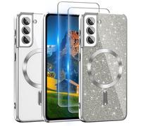 For Samsung Galaxy S21 Case Compatible with MagSafe, [Glitter Card & 2PCS HD Screen Protectors] Cute Bling Sparkly [Never Yellowing], Slim Shockproof Anti-Scratch Soft Clear Case for Women, S21-Silver