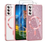 For Samsung Galaxy S21 Case Compatible with MagSafe, [Glitter Card & 2PCS HD Screen Protectors] Cute Bling Sparkly [Never Yellowing], Slim Shockproof Anti-Scratch Soft Clear Case for Women, S21-Pink
