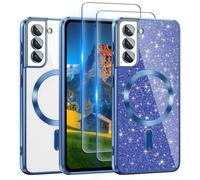 For Samsung Galaxy S21 Case Compatible with MagSafe, [Glitter Card & 2PCS HD Screen Protectors] Cute Bling Sparkly [Never Yellowing], Slim Shockproof Anti-Scratch Soft Clear Case for Galaxy S21-Blue