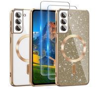 For Samsung Galaxy S21 Case Compatible with MagSafe, [Glitter Card & 2PCS HD Screen Protectors] Cute Bling Sparkly [Never Yellowing], Slim Shockproof Anti-Scratch Soft Clear Case for Women, S21-Gold