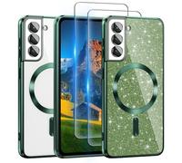 For Samsung Galaxy S21 Case Compatible with MagSafe, [Glitter Card & 2PCS HD Screen Protectors] Cute Bling Sparkly [Never Yellowing], Slim Shockproof Anti-Scratch Soft Clear Case for Women, S21-Green