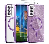 For Samsung Galaxy S21 Case Compatible with MagSafe, [Glitter Card & 2PCS HD Screen Protectors] Cute Bling Sparkly [Never Yellowing], Slim Shockproof Anti-Scratch Soft Clear Case for Girl, S21-Purple