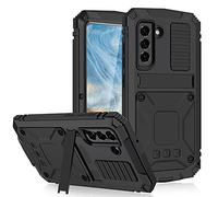 for Samsung Galaxy S21 FE 5G Metal Case with Kickstand Full-body Rugged Military Heavy Duty Shockproof Hybrid Aluminum+TPU Tough Cover with Screen Protector, Supports Wireless Charging (Black)
