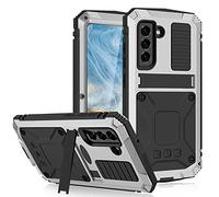 for Samsung Galaxy S21 FE 5G Metal Case with Kickstand Full-body Rugged Military Heavy Duty Shockproof Hybrid Aluminum+TPU Tough Cover with Screen Protector, Supports Wireless Charging (Silver)