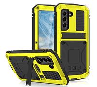 for Samsung Galaxy S21 FE 5G Metal Case with Kickstand Full-body Rugged Military Heavy Duty Shockproof Hybrid Aluminum+TPU Tough Cover with Screen Protector, Supports Wireless Charging (Yellow)