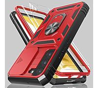 for Samsung Galaxy S21 FE Case with Camera Cover Slider, 2*Screen Protectors,Build in 360°Rotating Ring Kickstand, Military Grade Protective Case for Galaxy S21 FE 5G 6.4"-Black/Red