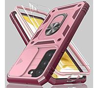 for Samsung Galaxy S21 FE Case with Camera Cover Slider, 2*Screen Protectors,Build in 360°Rotating Ring Kickstand, Military Grade Protective Case for Galaxy S21 FE 5G 6.4"-Wine Red/Pink
