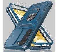 for Samsung Galaxy S21 FE Case with Camera Cover Slider, 2*Screen Protectors,Build in 360°Rotating Ring Kickstand, Military Grade Protective Case for Galaxy S21 FE 5G 6.4"-Blue
