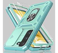 for Samsung Galaxy S21 FE Case with Camera Cover Slider, 2*Screen Protectors,Build in 360°Rotating Ring Kickstand, Military Grade Protective Case for Galaxy S21 FE 5G 6.4"-Green