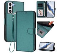 for Samsung Galaxy S21 FE Wallet Case, Slim Leather Wallet Phone Case with Card Slots, Wrist Strap & Kickstand, Shockproof Protective Cover for Men Women(Dark Green)