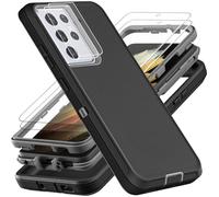 for Samsung Galaxy S21 Ultra Case, Military Grade Shockproof/Drop Proof/Dust Proof Case with 2Pcs Self Healing Flexible TPU Screen Protector & Camera Lens Protector (Black/Grey)