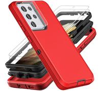 for Samsung Galaxy S21 Ultra Case, Military Grade Shockproof/Drop Proof/Dust Proof Case with 2Pcs Self Healing Flexible TPU Screen Protector & Camera Lens Protector (Red/Black)