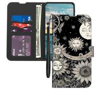 for Samsung Galaxy S22 Ultra Wallet Case,with Card Holder Wrist Strap,PU Leather Flip Folio Magnetic Clasp Kickstand,Drop Protection TPU Inner cover for Galaxy S22 Ultra,Black White Sun and Moon