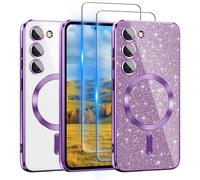 For Samsung Galaxy S23 Case Compatible with MagSafe, [Glitter Card & 2PCS HD Screen Protectors] Cute Bling Sparkly [Never Yellowing], Slim Shockproof Anti-Scratch Soft Clear Case for Girl, S23-Purple