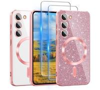 For Samsung Galaxy S23 Case Compatible with MagSafe, [Glitter Card & 2PCS HD Screen Protectors] Cute Bling Sparkly [Never Yellowing], Slim Shockproof Anti-Scratch Soft Clear Case for Women, S23 -Pink