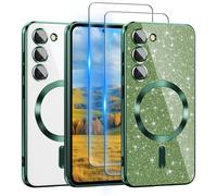 For Samsung Galaxy S23 Case Compatible with MagSafe, [Glitter Card & 2PCS HD Screen Protectors] Cute Bling Sparkly [Never Yellowing], Slim Shockproof Anti-Scratch Soft Clear Case for Women, S23-Green