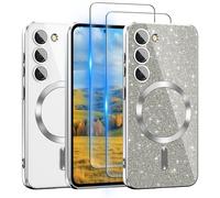 For Samsung Galaxy S23 Case Compatible with MagSafe, [Glitter Card & 2PCS HD Screen Protectors] Cute Bling Sparkly [Never Yellowing], Slim Shockproof Anti-Scratch Soft Clear Case for Women, S23-Silver