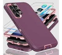 for Samsung Galaxy S23 FE Case, 3-in-1 heavy-duty protection with 2 * 9H Glass Screnn Protector，1*Super lens film and Shockproof, Drop Proof, Ultra-Rugged Phone cover S23 FE 6.4"-Wine Red/Pink