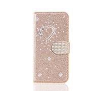 for Samsung Galaxy S25 Case, Glitter PU Leather Handmade Bling Sparkly Diamonds Buckle Gems Love Wallet Phone Cases Protective Cover with Stand Card Slots Magnetic for Samsung Galaxy S25 Golden
