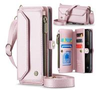 For Samsung Galaxy S25 FE 5G Case for Women with Crossbody Strap + Wrist Strap Shockproof Premium Leather Flip Wallet Handbag Zip Purse 5 Card Slots Clutch Bag for Samsung Galaxy S25 FE 5G Pink