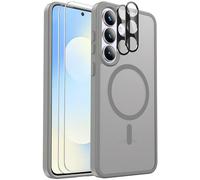 for Samsung Galaxy S25 FE Case Magnetic Shockproof, Fit for MagSafe, with Screen Protector X2 + Camera Lens Protector X2, Translucent Anti-Fingerprint Case for Samsung Galaxy S25 FE (Gray)
