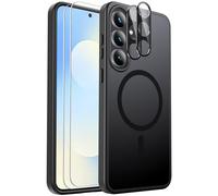 for Samsung Galaxy S25 FE Case Magnetic Shockproof, Fit for MagSafe, with Screen Protector X2 + Camera Lens Protector X2, Translucent Anti-Fingerprint Case for Samsung Galaxy S25 FE (Black)
