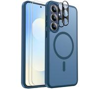for Samsung Galaxy S25 FE Case Magnetic Shockproof, Fit for MagSafe, with Screen Protector X2 + Camera Lens Protector X2, Translucent Anti-Fingerprint Case for Samsung Galaxy S25 FE (Blue)