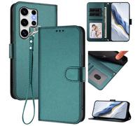for Samsung Galaxy S25 Ultra Wallet Case, Slim Leather Wallet Phone Case with Card Slots, Wrist Strap & Kickstand, Shockproof Protective Cover for Men Women(Dark Green)