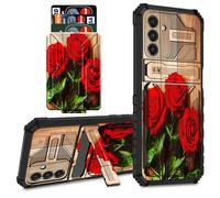 for Samsung Galaxy S26 Plus Case Wallet Cover with Credit Card Holder & Kickstand Dual Layer Hard PC Soft TPU Protective Case for Samsung Galaxy S26 Plus 6.7 inch 2026 - Red Roses Flowers on Wooden