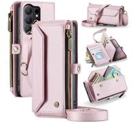 For Samsung Galaxy S26 Ultra Case for Women with Crossbody Strap + Wrist Strap Shockproof Premium Leather Flip Wallet Handbag Zip Purse 5 Card Slots Clutch Bag for Samsung Galaxy S26 Ultra Pink