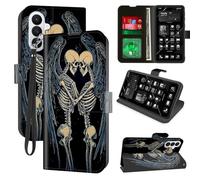 for Samsung Galaxy S26 Wallet Case with RFID Blocking, 4 Card Holders, Kickstand, Wrist Strap - Magnetic PU Leather Flip Phone Case Protective Cover for Women & Men，Two Skeleton Angels in Love
