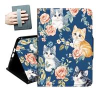 for Samsung Galaxy Tab S10 Ultra Case (2024),Galaxy Tab S9/S8 Ultra Case (2023/2022),with Hand Straps and Auto Wake/Sleep PU Leather Slim Multiple Angles Stand Smart Cover,Pink Flowers and Cute Cat