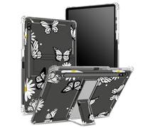 for Samsung Galaxy Tab S8 Plus 2022/S7 FE 2021/S7 Plus 2020 12.4 inch Soft Case with S Pen Holder, Transparent Back with Daisy Black Butterfly, Corner Protection Cover with Hard Kickstand