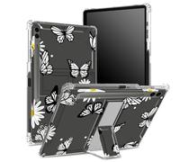 for Samsung Galaxy Tab S9 FE Plus 12.4 inch 2023 SM-X610/ X616B/ X618U Soft Case with S Pen Holder, Transparent Back with Daisy Black Butterfly, Corner Protection Cover with Hard Kickstand