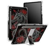for Samsung Galaxy Tab S9 FE Plus 12.4 inch 2023 SM-X610/ X616B/ X618U Soft Case with S Pen Holder, Transparent Back with Dragon Red Roses, Corner Protection Cover with Hard Kickstand