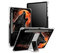 for Samsung Galaxy Tab S9 FE Plus 12.4 inch 2023 SM-X610/ X616B/ X618U Soft Case with S Pen Holder, Transparent Back with Wolf Red Full Moon, Corner Protection Cover with Hard Kickstand