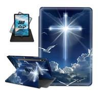 for Samsung Galaxy Tab S9 Ultra Tablet Case with Pencil Holder Folio PU Leather Multi-Angle Rotating Stand Auto Sleep/Wake Protective Rugged Cover,White Bird White Glowing Cross