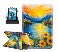 for Samsung Galaxy Tab S9 Ultra Tablet Case with Pencil Holder Folio PU Leather Multi-Angle Rotating Stand Auto Sleep/Wake Protective Rugged Cover,Oil Painting Sunflowers Snow Mountain Sunset