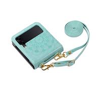 for Samsung Galaxy Z Flip 4 Case with Hinge Protection, Non-Slip Bottom Shell Embossed Mandala Leather with Removable Strap, Folding Phone Cover for Samsung Galaxy Z Flip 4 5G, green